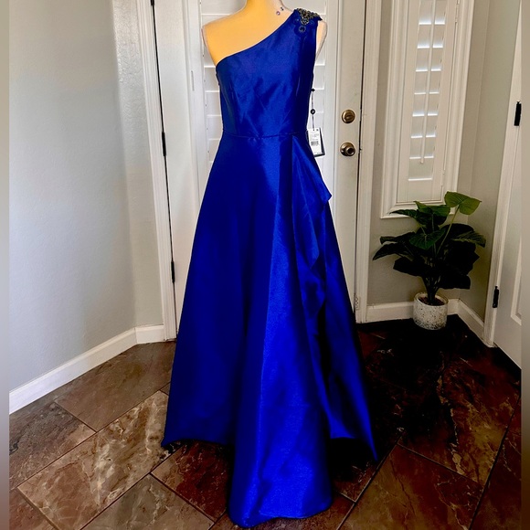 ADRIANNA PAPELL Draped One-Shoulder Gown formal prom cocktail party royal blue - Picture 3 of 10